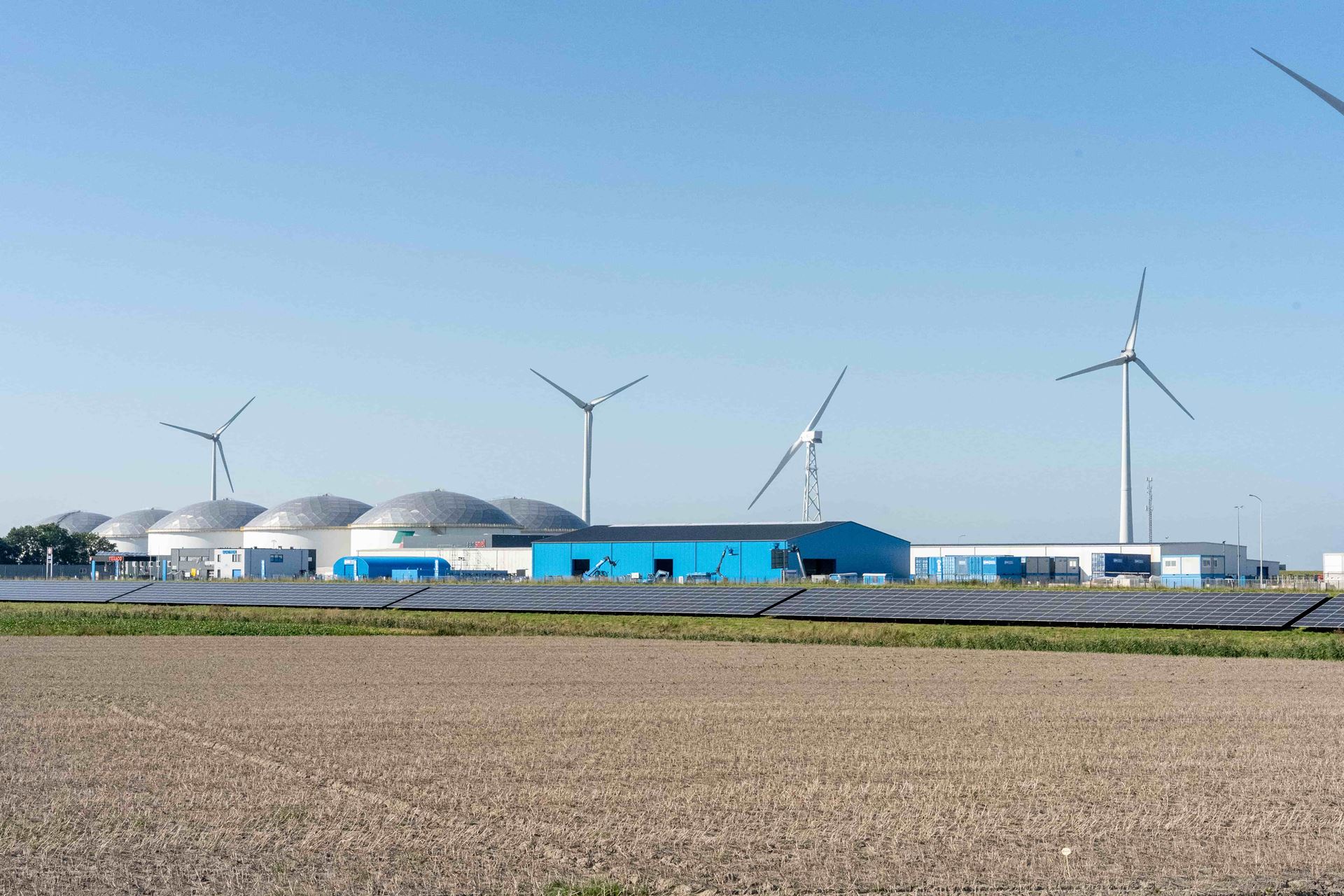 Windmolens op een rij bij een bedrijf